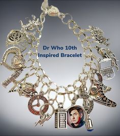 🌟 Unlock the Whovian Universe with Our Exclusive 10th Doctor Silverplated Charm Bracelet! 🌟 Calling all Whovians and lovers of the 10th Doctor - your ultimate timey-wimey accessory is here! Introducing the Dr. Who 10th Doctor Silverplated Elegant Charm Bracelet, an exquisite piece of artisan handmade jewelry that's perfect for true Whovians and Time Lords alike. 🚀 What Makes Our Bracelet Extraordinary? 🚀 ✨ Large Beautiful Heart-Shaped Closure: Secure and stylish, our bracelet features a stun Witch Doctor Jewelry, Dr Who 10th Doctor, Gifts For Dr Who Fans, Doctor Who Earrings, Dr Who 10, Doctor Who Accessories, Doctor Who Charm Bracelet, Picture Pendant, Artisan Jewelry Handmade