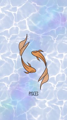 two gold fish swimming in a pool with the words pisces above them and below it