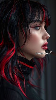 Wavy Hair With Red Highlights, Highlights On Pixie Haircut, Dark Cherry Hair Color, Black Hair With Red, Hair With Red Highlights, Black Hair With Red Highlights, Messy Pixie Haircut, Half And Half Hair, Edgy Vibes