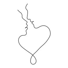 a line drawing of a kissing couple with a heart shaped balloon in the air above them