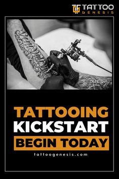 Here is a man with a tattoo on his arm with the words tattooing kickstart Tattoo School, Tattoo Apprenticeship, Aesthetic Tattoo, Realism Tattoo, School Tattoo, What It Takes, A Tattoo