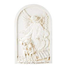 an angel with two children in front of a white wall plaque that reads angels of god, my garden gate