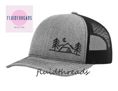 Hiking lovers celebrate the outdoors and an adventurous lifestyle, don't forget your Camping Apparel. Let our mountain hats go with you everywhere on this adventure add it to your hiking gear. This hat guarantees the following -Top quality construction -A great look -Comfortable fit -Snap closure -Trucker Hat ALL HATS SHIP IN A BOX: We package our hats in a box so they reach you in perfect condition. **NO MINIMUM QUANTITY REQUIRED for any Embroidered Hat** **All orders come with custom package t Winter Snapback Hat For Outdoor Activities, Adjustable Gray Hat For Camping, Gray Adjustable Hat For Camping, Gray Flat Bill Trucker Hat For Outdoor, Winter Hats For Outdoor Activities With Flat Bill, Winter Flat Bill Hats For Outdoor Activities, Gray Flat Bill Trucker Hat For Outdoor Activities, Snapback Hat For Outdoor Activities, Winter 5-panel Snapback Hat For Outdoor