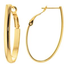 Add these Silver Reflections 24K gold over brass hoop earrings to your jewelry collection today! These hoop earrings are featured in 24K gold over brass, a sleek oval design, 40mm in length and have hinged closure. With the simple and sleek design of these hoops, they can be worn with any wardrobe choice. By adding these to your jewelry collection, you will be adding a staple piece. Earrings are boxed for gift giving! Wipe these hoop earrings clean with a soft cloth.Features: In A Gift Box, Nick Gold Plated Clip-on Hoop Earrings, Gold-tone Clip-on Hoop Earrings In Brass, Gold Brass Oval Hoop Earrings, Gold Oval Brass Hoop Earrings, Gold Oval Hoop Earrings In Brass, Classic Gold Hoop Earrings With Lever Back, Oval Gold Hoop Earrings In Brass, Gold-plated Hoop Clip-on Jewelry, Gold Plated Clip-on Hoop Jewelry