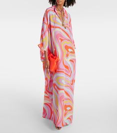 Designer Multicolor Silk Dress, Spring Silk Kaftan With Abstract Print, Beachwear Silk Maxi Dress In Multicolor, Spring Evening Silk Kaftan, Vibrant Silk Kaftan, Silk Multicolor Print Kaftan For Vacation, Silk Maxi Dress With Vibrant Print For Beach, Pink Silk Kaftan For Vacation, Orange Silk Maxi Dress For Vacation