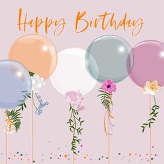 a birthday card with balloons and flowers