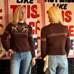 1930s Brown Wool Ski Sweater with Reindeers on the front.  -----✂------Measurements--------✂------ All measurements are taken with the garment lying flat. Fits size Medium but please double check with the measurements below. Shoulder Seam to Shoulder Seam: 17" Pit to Pit: 16" to 18" Total Length: 21" Sleeve Length: 22.5" Model is 5'9" has a (34" bust) (26.5" waist) (36.5" hips) and usually wears a size small to medium.  ----------------Condition------------------- There are two repairs on the fr Vintage Long Sleeve Brown Sweater, Vintage Brown Long Sleeve Sweater, Retro Brown Wool Sweater, Ski Sweater, Antique Clothing, Pullover Sweater Women, Women Pullover, Piece Of Clothing, Sweater Sizes