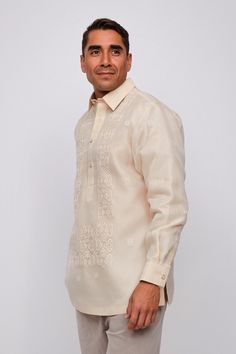 Cecilio Men's Barong Tagalog | Modern Filipino by The Mestizo LA Elegant Silk Kurta For Traditional Ceremonies, Elegant Traditional Style Kurta, Elegant Cream Kurta For Traditional Ceremonies, Elegant White Traditional Wear For Semi-formal Occasions, Formal Beige Traditional Wear With Chikankari Embroidery, Elegant Kurta With Traditional Fit For Ceremonies, Elegant Traditional Fit Kurta For Ceremonies, Elegant White Semi-formal Traditional Wear, Traditional Beige Kurta For Formal Occasions