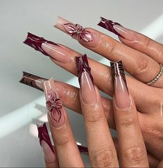 Burgundy Nails Acrylic, Natural Nails Manicure, Goddess Aesthetic, Red Acrylic Nails, Glamour Nails, Girly Acrylic Nails, Pretty Gel Nails, Burgundy Nails, Bling Acrylic Nails