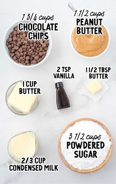 the ingredients to make chocolate peanut butter cookies are shown in bowls and on top of each other