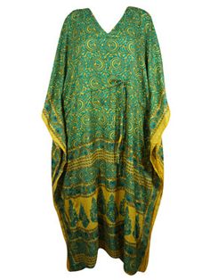 Boho Maxi Kaftan, Green ,Yellow Floral Palm Caftan L-2X The Bohemian Summer Caftan, handmade from recycled silk saris is ideal for vacations or resort days. This relaxed kimono-style maxi dress is a combination of casual luxury and eco-conscious fashion. Featuring an adjustable drawstring waist and crafted from recycled materials, these boho dresses are great housedresses or versatile beach cover-ups. With the surge in popularity of boho weddings set against natural backdrops, the comfortable ka Yellow Long Sleeve Kaftan For Festive Occasions, Traditional Green Kurta For Vacation, Festive Green Kurta For Beach Occasions, Bohemian Style Long Green Kurta, Yellow Bohemian Kurta For Festival, Yellow Bohemian Kurta For Beach, Bohemian Yellow Kurta For Beach, Spring Festive Yellow Kaftan, Yellow Bohemian Kaftan For Festive Season