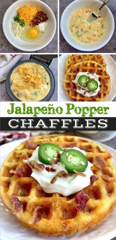 several pictures of different types of waffles with cheese and jalapeno peppers