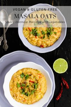 two plates filled with masala oats on top of a table