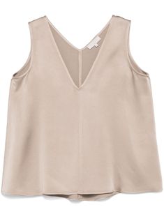 light brown satin finish crepe texture V-neck V-back sleeveless unlined rear curved hem Brown Satin, Outerwear Vest, Outerwear Women, Satin Finish, Light Brown, Satin, Top Outfits, V Neck, Texture