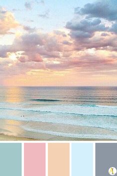 a beach scene with the sun setting and clouds in the sky over the ocean, along with pastel colors