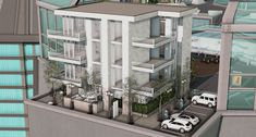 an artist's rendering of a two story building with cars parked on the street