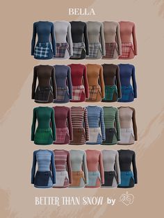 a group of women's sweaters in different colors and sizes, with the names below them