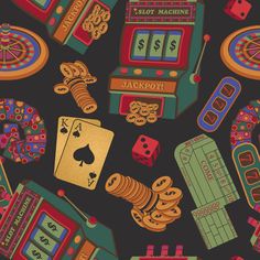 a casino themed wallpaper with slot machines, cards, and dices on black