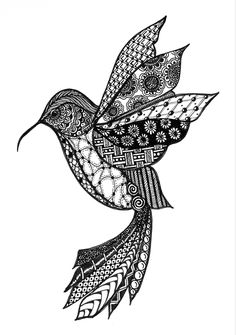 a black and white drawing of a bird with intricate designs on it's wings