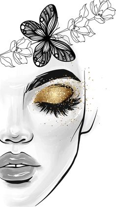 a drawing of a woman's face with butterflies on her head and gold glitter eyeshade