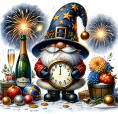 a painting of a santa clause holding a clock next to some christmas decorations and fireworks