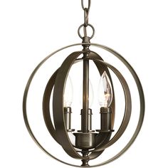 a chandelier with three lights hanging from it's center circle shape and two candles