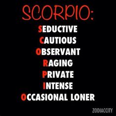 the words scorpio are written in red on a black background with white lettering