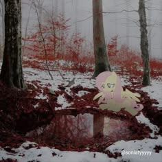 a pink pony in the middle of a forest with red leaves on it's ground