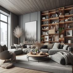 a living room filled with furniture next to a window covered in bookshelves and shelves