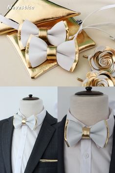 "BOUTONNIRE: 2\" *back pin (silver stick, gold stick, brooch,button,clutch) MENS BOW TIE: * 2 layers Pre-tied bow size: 4.\" x 2.5\" approx. * Adjustable fabric strap with metal hardware to neck size: 14\" - 19.5\" BOYS BOW TIE: * 1 layer Pre-tied bow size: 4\" x 2\" approx. * Adjustable fabric strap with metal hardware SUSPENDERS: adjustable, color match 4 set: bow tie, pin, square, suspenders GROOMSMEN set Gold and white bow tie,tuxedo gold white, mens wedding bow tie, boutonniere lapel flower White And Gold Tuxedo Wedding, Bow Tie Tuxedo, Wedding Schemes, Suit Bow Tie, Marley Braids, White Boutonniere, Gold Bow Tie, Groomsmen Gift Set, Wedding Bow Tie