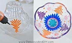 a glass bowl with an orange and blue flower painted on the bottom, and another image of a vase