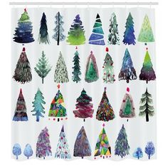 watercolor christmas trees with different colors and shapes on white background, set of twelve