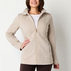 This Liz Claiborne women's fleece jacket is a versatile and stylish addition to your wardrobe for the cooler months. It offers midweight warmth, a flattering classic-fit, long sleeves, a hood, two side slip pockets, and a full-zip front. Wear it with tailored trousers or jeans. Features: HoodedClosure Type: ZipperFit: Classic FitPockets: 2 Side Slip PocketsSleeve Length: Long SleeveWarmth Factor: MidweightApparel Length: 28.5 Inches - BackOuterwear Length: MidFiber Content: 60% Cotton, 40% Polye Fleece Jackets, Fleece Jacket Womens, Womens Fleece, Tailored Trousers, Liz Claiborne, Fleece Jacket, Coats Jackets, Trousers, Long Sleeves