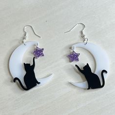 Playful Black Cat Earrings - Moon And Stars Black Moon-shaped Jewelry For Halloween, Black Cat Ears Jewelry With Cat Design, Black Moon-shaped Earrings For Gift, Cute Cat Ears Earrings With Cat Print, Cute Black Cat Earrings, Black Cat Earrings, Earrings Moon, Moon Ring, Fashion Jewelry Earrings