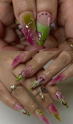 Green Pink Nails Ideas, Pink And Green Fairy Nails, Green Pink Nail Art, Pink Witch Nails, Crazy Pink Nails, Rave Nail Ideas, Green And Purple Nails Ideas, Green And Pink Nails Acrylic, Mythical Nails