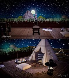 two pictures of a tent in the middle of night with stars and moon above it