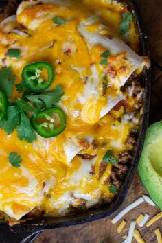 an enchilada casserole with green peppers and cheese