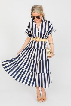 Striped Shirt Dress Midi - New Arrivals - The Blue Door Boutique Chic Dresses With Horizontal Stripes, Short Sleeve Dresses With Vertical Stripes For Work, Chic Striped Dresses For Day Out, Chic Vertical Stripes Dress For Day Out, Elegant Striped Midi Dress For Vacation, Chic Day Out Dress With Vertical Stripes, Elegant Vertical Stripes Dress For Day Out, Elegant Dresses With Vertical Stripes For Day Out, Chic Striped Tiered Dress