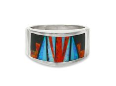 This band ring is handcrafted with Sterling Silver and beautifully inlaid with bright , dazzling, Fire Lab Opal and Onyx. As is seen in this work of art, the artist's talent is evident! It is a favorite due to the expertly clean cut geometric work, followed by the angular shape of the ring. This is that signature accessory that will compliment your wardrobe. We are proud to offer the David Rosales Collection of fine Native American Indian Jewelry. He has built a reputation for the finest inlaid Adjustable Inlay Jewelry Ring, Unique Inlay Ring Jewelry, Southwestern Style Polished Ring Jewelry, Multicolor Polished Finish Ring Jewelry, Multicolor Polished Ring Jewelry, Multicolor Polished Finish Rings For Gift, Multicolor Polished Rings As A Gift, Multicolor Polished Rings For Gifts, Multicolor Polished Rings Perfect As Gift