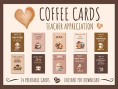 coffee cards for teachers with different types of coffees and the words, coffee appreciation