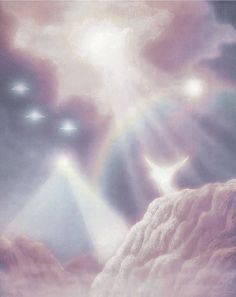 an artistic painting of two angels flying through the sky above mountains and clouds with bright lights coming from them