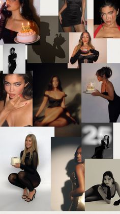 a collage of photos with women in black and white, including one woman holding a cake