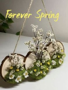 flowers are hanging from the side of a tree slice with moss and daisies on it