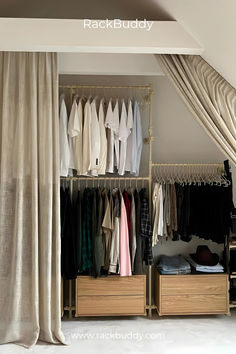 Finding storage solutions for slanted walls can be challenging, but our custom wardrobes are designed to maximize every inch of your space. This beige wardrobe is tailored to fit perfectly under sloped ceilings, featuring elegant wooden shelves and plenty of drawers to keep all your clothes organized. With a custom design, you can create a stylish and practical storage area that utilizes your room's unique layout to its fullest potential. New Wardrobe Design, Walk In Closet Diy, Wardrobe Closet Organization, Beige Wardrobe, Dressing Diy, Organization Wardrobe, Diy Dressing, Diy Walk In Closet, Walk In Wardrobes