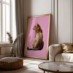 a living room with a leopard print on the wall and a coffee table in front of it