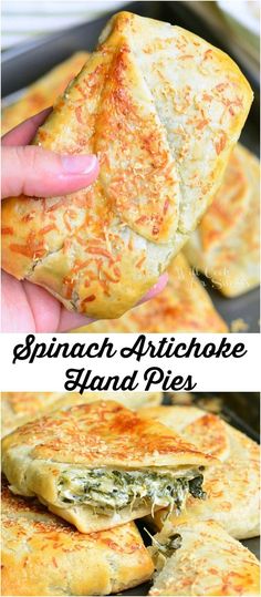 spinach artichoke and spinach pizzas with text overlay that reads spinach artichoke and spinach pies