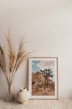 a white vase sitting on top of a wooden table next to a plant and a framed photograph