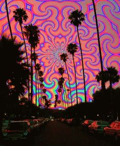 palm trees are shown in front of a psychedelicly colored background