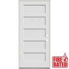 the fire rated door is white and has five panels