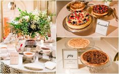 a table with desserts and flowers on it